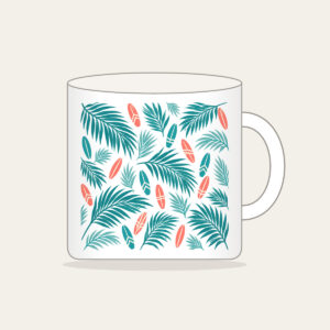 Palm Shadows and Tiny Surfboards Mug in white: Palm-leaf shadows and tiny surfboards in teal and coral on cream.
