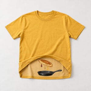 Pancake Flip Tee with flat pancake-and-skillet print with three syrup drops on the inner lower front, revealed when the hem is flipped