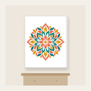 Petal Mosaic Kaleidoscope Canvas Print in white: Symmetrical petal mosaics in coral, teal, mustard and cream.