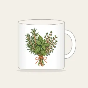 Herb Bundle with String Mug in white: A bundle of rosemary, basil and thyme tied with string in green, cream and terracotta.