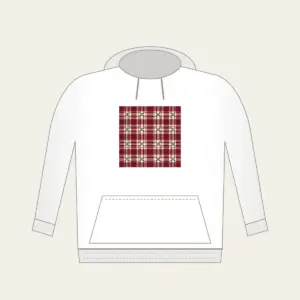 Burgundy Tartan with Leaf Sprigs Hoodie in white: Burgundy and cream tartan with small leaf sprigs at the intersections.