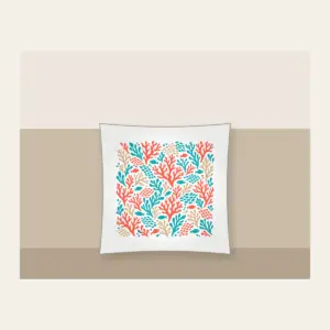 Coral Branch and Fish Scale Mosaic Pillow in white: An all-over mosaic of coral branches and small fish scales in coral, turquoise and sand.