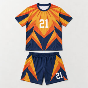 Football jersey and shorts printed with orange and navy sunburst chevrons and number 21