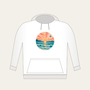 Coastal Sunrise Bands with a Compass Rose Hoodie in white: Bands of peach, coral and teal show a coastal sunrise, with tiny waves and a small compass rose.