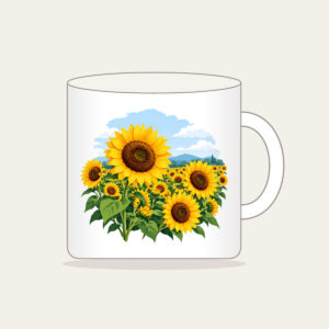Sunflower Field Under a Pale Sky Mug in white: A field of yellow and brown sunflowers beneath a pale blue sky.