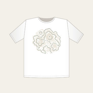 Moss Contour Map T-Shirt in white: Topographic contour lines in moss, sand and cream with a tiny peak marker.