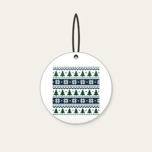 Fair-Isle Bands of Pines and Stars Ceramic Ornament in white: Fair-isle bands of pines and stars in cream, forest green and navy repeat all over.