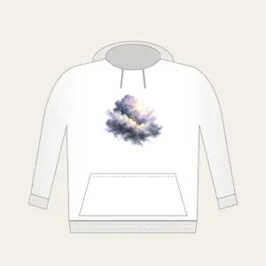 Storm Clouds with Gold Lightning Hoodie in white: Gentle storm clouds in slate, lavender and cream, split by one thin gold lightning line.