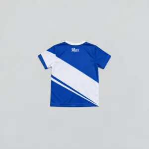Youth Hybrid Jersey with Name Patch with cobalt and white diagonal panels with a small name patch showing the exact text "Max" in white script