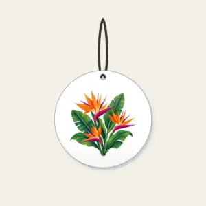 Bird of Paradise and Banana Leaves Ceramic Ornament in white: Orange and magenta bird of paradise flowers with banana leaves stand on cream.