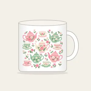 Teapots and Tiny Flowers Mug in white: Cheerful teapots and little flowers in pink and mint scatter across a cream ground.
