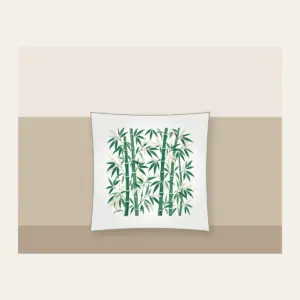 Jade Bamboo Grove Pattern Pillow in white: Tall bamboo stalks and slender leaves repeat in jade and cream.