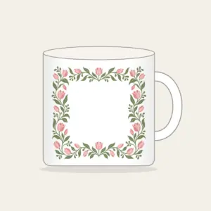 Sage Vine and Tulip Border Mug in white: A border of curling sage vines and blush tulips around an empty center.