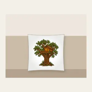 Oak Treehouse with Glowing Lantern Pillow in white: A treehouse in an oak tree with a glowing lantern in brown, green and amber.