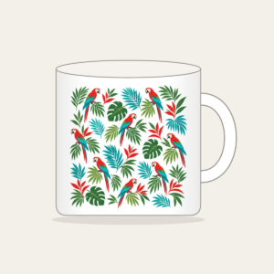 Parrots and Palm Leaves Repeat Mug in white: Small parrots and palm leaves repeat in red, turquoise and green on cream.
