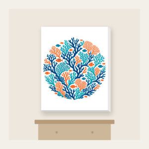 Branching Coral and Tiny Fish on Deep Blue Canvas Print in white: Branching coral and small fish in teal and orange swim across a deep blue background.