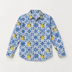 Courtyard Tile Button-Down Shirt with all-over repeat of Mediterranean-style tiles in cobalt and white with small lemon accents