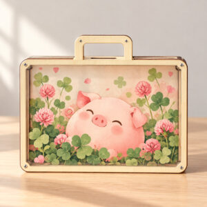 Clover Pig Savings Bank with a round pastel pink pig among clover leaves in pink and green with warm wood tones