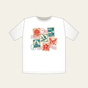 Vintage Postage Collage T-Shirt in white: Vintage postage stamps with a wavy postmark in teal, cream and red.