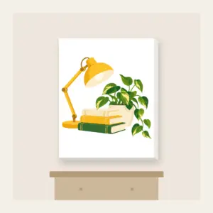Lamplit Desk with Books and Fern Canvas Print in white: A warm yellow desk lamp glows beside a stack of books and a potted plant in cream and green.