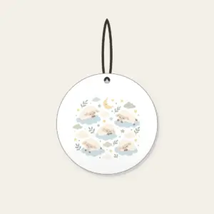 Sleepy Sheep and Clouds Ceramic Ornament in white: Small clouds and sleeping sheep in cream, pale blue and sage on a light field.