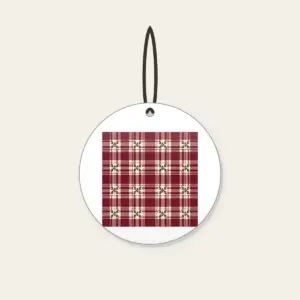 Burgundy Tartan with Leaf Sprigs Ceramic Ornament in white: Burgundy and cream tartan with small leaf sprigs at the intersections.
