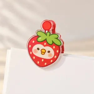 Strawberry Patch Acrylic Binder Clip with strawberry face with tiny cream seeds and a green leafy top in red, green and cream, 2-side printed