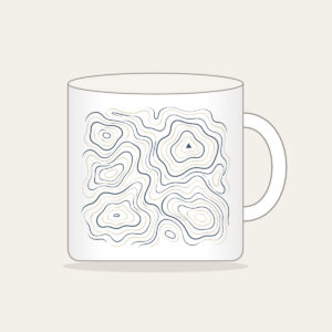 Topographic Contour Lines with a Single Peak Mug in white: Topographic contour lines in slate and cream with one small peak mark.