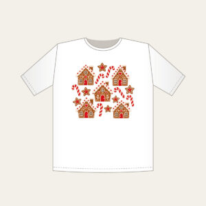 Gingerbread Houses and Candy Canes T-Shirt in white: Little gingerbread houses, candy canes and stars dance across cream in brown and red.