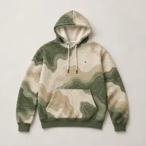 Moss Contour All-Over Fleece Hoodie with all-over topographic contour lines in moss, sand and cream with a tiny peak marker near the chest
