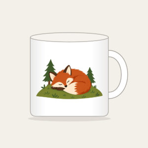 Sleeping Fox on the Hill Mug in white: A rust-colored fox curled asleep on a green hill with two tiny pines.