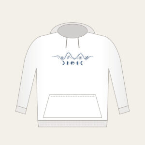 Tide Chart and Moon Phases Hoodie in white: A navy line-art tide curve dotted with tiny shells, with five moon phases beneath.