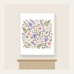 Pressed Posies and Ferns Canvas Print in white: Pressed-flower posies and ferns in lilac, blush and sage arranged all over a cream ground.