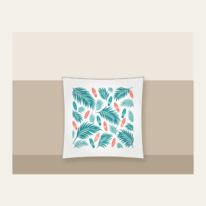 Palm Shadows and Tiny Surfboards Pillow in white: Palm-leaf shadows and tiny surfboards in teal and coral on cream.