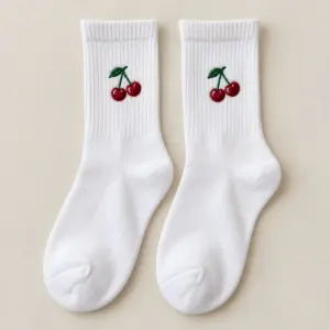 Embroidered Cherry Socks with small embroidered pair of cherries with stems at the ankle in red and green thread
