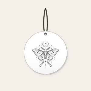 Moth, Stars and Crescent Moon Linework Ceramic Ornament in white: A fine-line moth rests among tiny stars and a crescent moon in black.