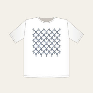 Navy Lattice with Tiny Keys T-Shirt in white: A lattice of thin navy lines on cream, with a tiny repeating key motif.