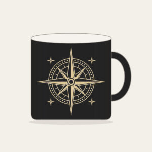 Compass Rose with Four Stars Mug in black: A compass rose drawn in fine cream lines, with four tiny stars around it.