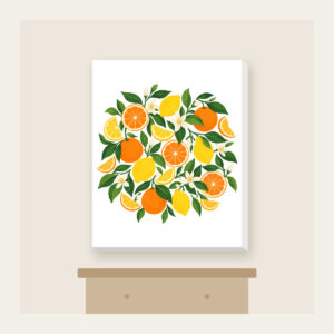 Citrus Slice Sorbet Pattern Canvas Print in white: Citrus slices and leaves in orange, lemon and green spread across cream.
