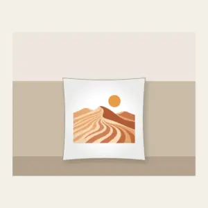 Dune Ripples with a Small Sun Pillow in white: Sand dune ripples in warm tan, terracotta and cream under a small sun.