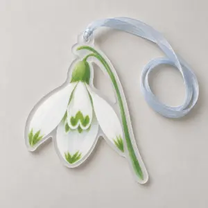 Frosted Snowdrop Ornament with a snowdrop flower with white petals, green tips and a pale blue stem, drawn with soft frost texture