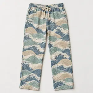 Loose pajama pants printed with overlapping slate and sea-glass wave bands
