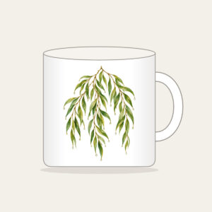 Weeping Willow Branches with Dewdrops Mug in white: Weeping willow branches in green and gold carry tiny dewdrops and small leaf pendants.