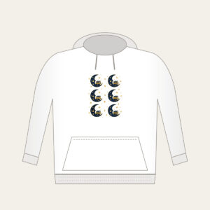Crescent Moon with a Stack of Books Hoodie in white: A crescent moon holds a small stack of books among tiny stars in navy and gold.