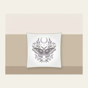 Moth and Crescent Moon with Herb Sprigs Pillow in white: A moth beneath a crescent moon with delicate herb sprigs in silver grey and pale lilac.