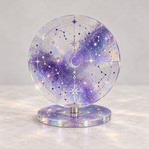 Constellation Hologram Spinning Standee with round standee face with constellation lines and tiny stars in violet and silver, Star Hologram colourway