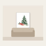 Red Sled on a Snowy Hill Fleece Blanket in white: A small red sled on a snowy hill beside a tall pine in cream, red and green.