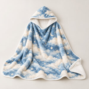 Cozy Cloud Hooded Blanket with all-over soft clouds and tiny stars in blue and cream