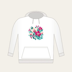 Orchids and Lagoon Ripples Hoodie in white: Orchids and gentle lagoon ripples mix in teal, magenta and cream.