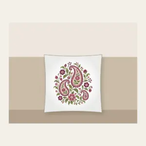 Plum and Olive Paisley Garden Pillow in white: A paisley garden pattern with small flowers in plum, rose and olive on cream.